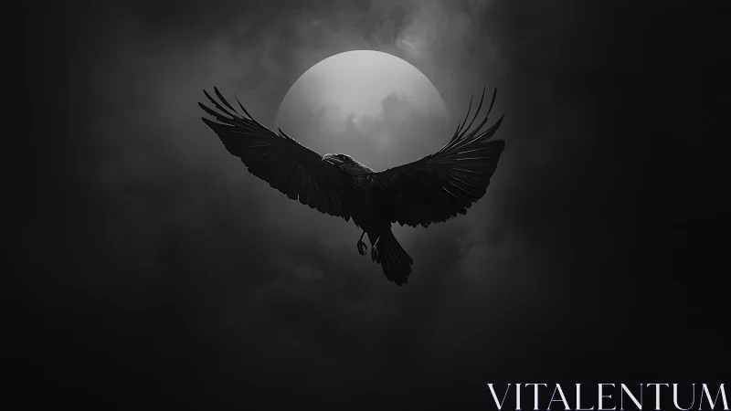 Nocturnal raven silhouette intersects a diffused lunar disc