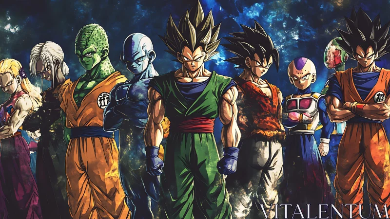 Lineup of anime warriors rendered in high-contrast digital art