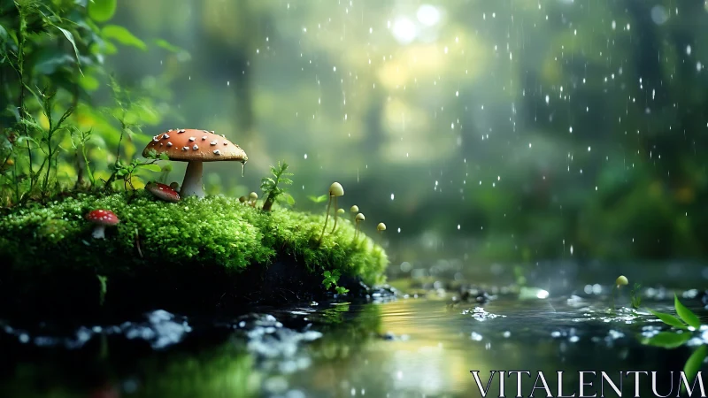 Mushrooms on mossy bank beside forest pond in rain.