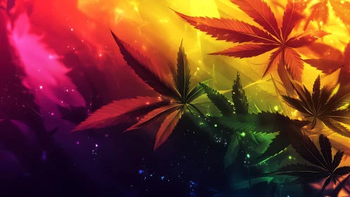 Multicolor cannabis leaves on radiant bokeh gradient background