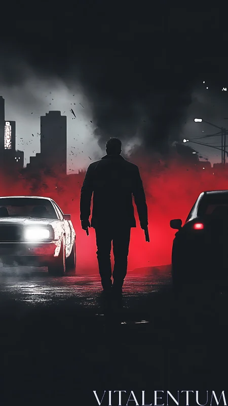 Silhouetted gunman advances through neon red urban smoke