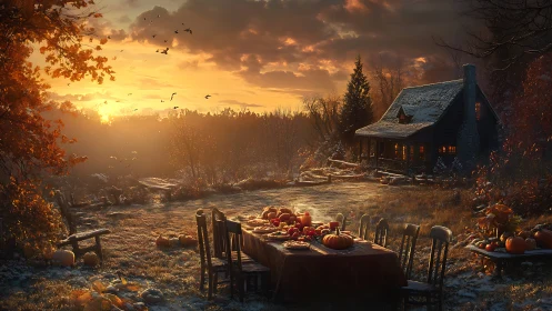 Autumn harvest table glows before rustic cabin at sunset