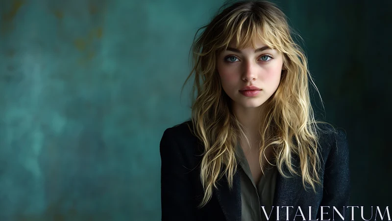 Blonde woman in dark blazer against soft teal backdrop