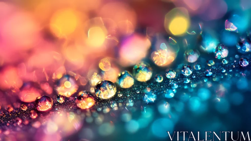 Glittering water droplets glow against vivid bokeh lights.