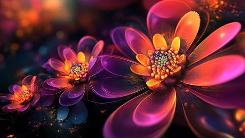 Luminous fractal blossoms glow in neon cosmic petals.