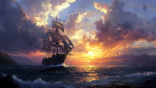 Sunlit tall ship cutting through waves at dramatic sunset.