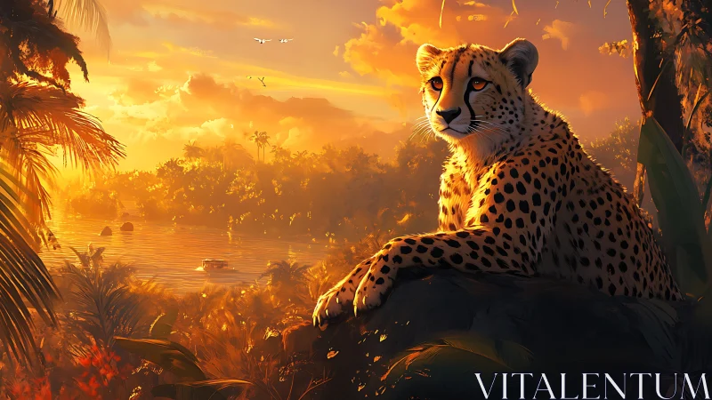 Golden Hour Cheetah: Serengeti Wilderness Portrait Against Blazing Sunset.