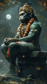 Divine simian warrior sits in moonlit forest ruins