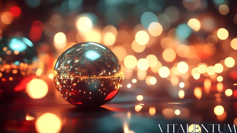 Glass sphere with warm bokeh lights on reflective surface.