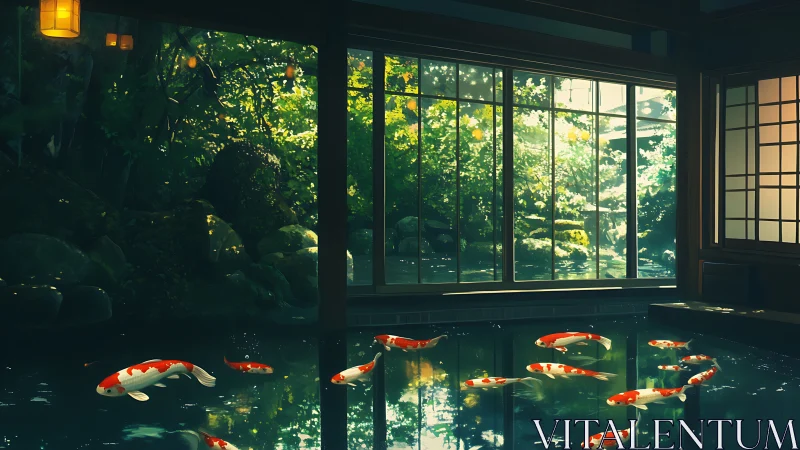 Koi pond reflects tranquil Japanese room and lush garden.