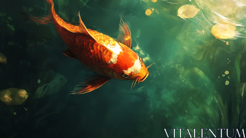 Orange koi fish in green pond water with surface light.