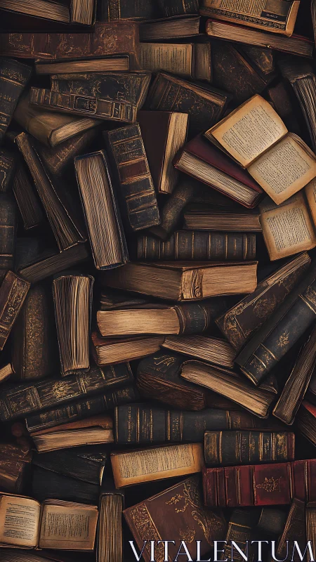 Antique leather-bound books in dense overhead composition.