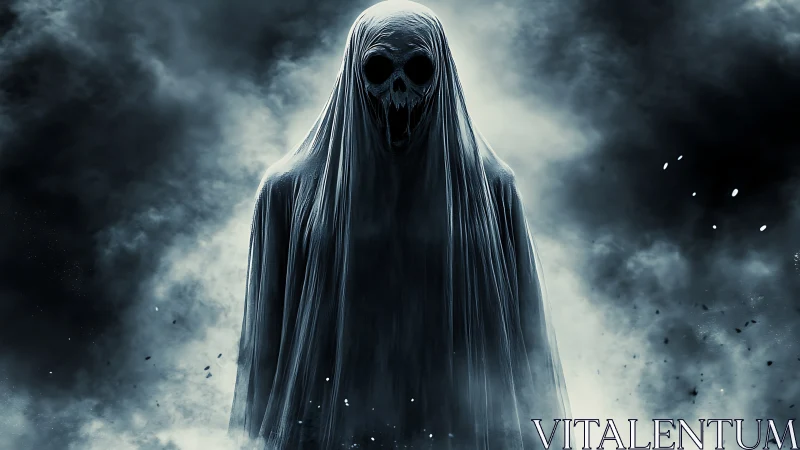 Ghostly figure rises from swirling mist in haunting silence