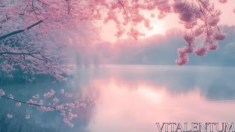 Soft-focus cherry blossom lake at sunrise in pastel tones