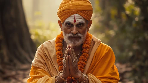 Elderly Hindu monk in orange robes offering forest prayer.