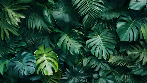 Lush jungle leaves whispering in layered emerald hush.