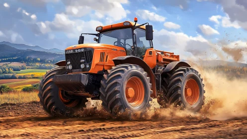 Turbocharged orange tractor kicks dust across wild farmland