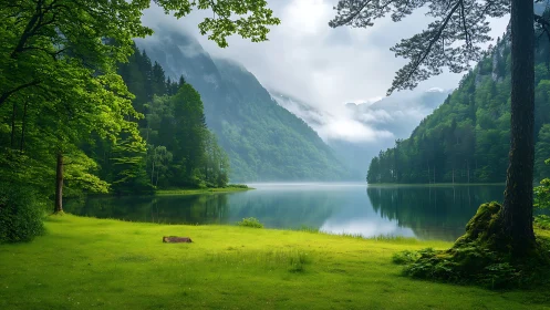Misty mountain lake mirrors lush green forest shoreline.