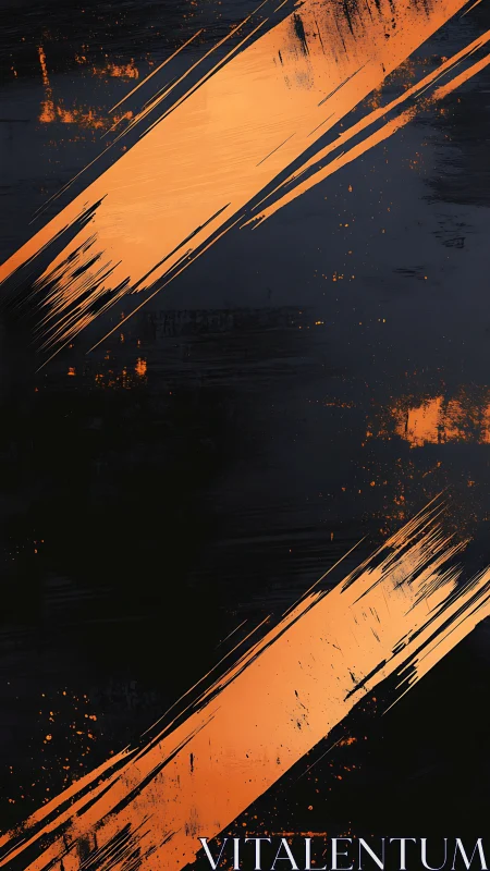 Bold orange paint streaks cut through dark grunge field.