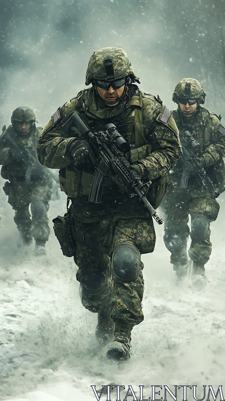 Armed soldiers advance through snowy battlefield conditions.