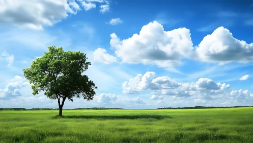 Solitary green tree in expansive flat meadow under clouds.