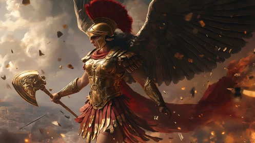Winged armored warrior with axe in storm of debris.