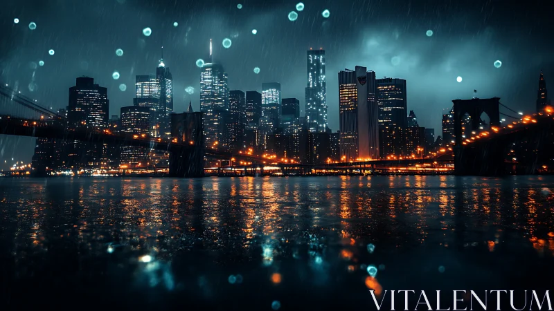 Nocturnal rain over neon-lit city skyline with reflective river