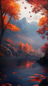 Crimson autumn forest frames tranquil mountain river view.