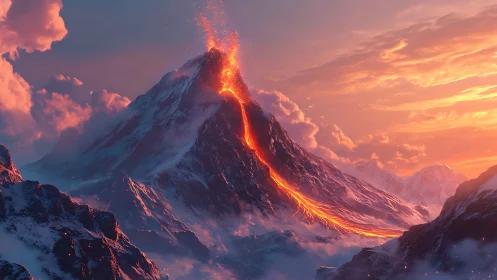 Stratovolcano eruption across glaciated ridge in twilight spectrum.