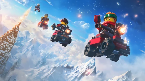Toy sky raiders rocket over glittering snow-peaked mountains
