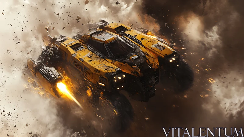 Storm-chasing yellow hover tank punching through debris clouds.