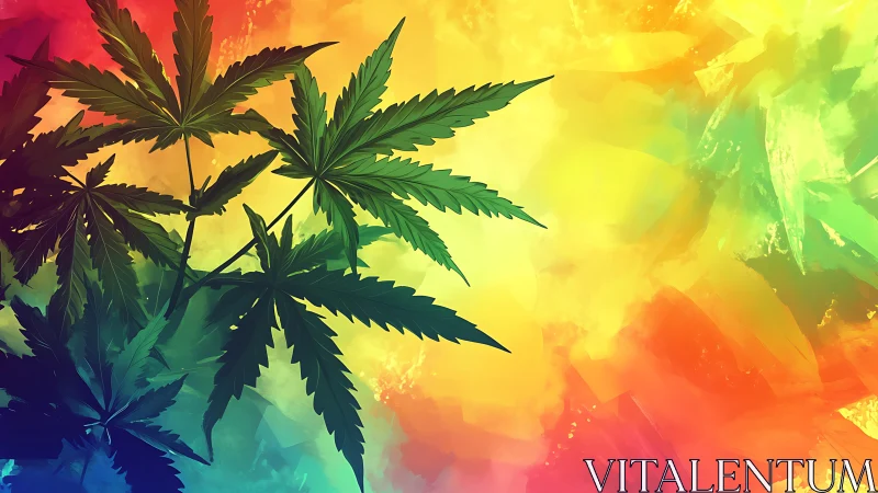 Cannabis leaves silhouette contrasts vivid rainbow backdrop