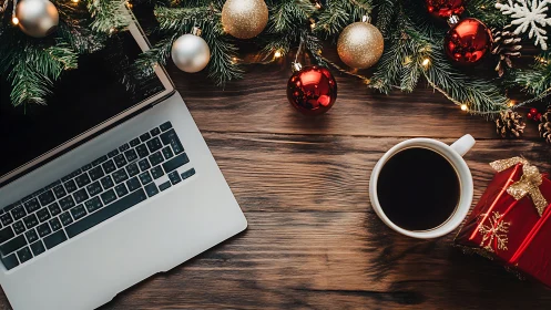 Holiday workspace desk with laptop, coffee, and decor.