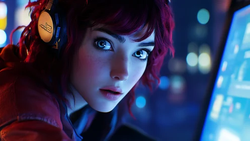 Nighttime gamer girl framed in neon-lit digital glow.