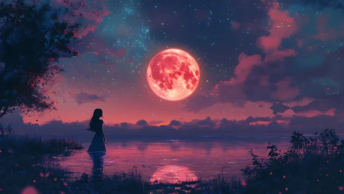 Digital painting of girl by neon moonlit lakeshore horizon.
