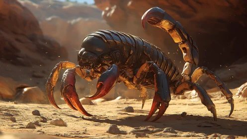 Armored desert scorpion creature in rocky canyon scene.