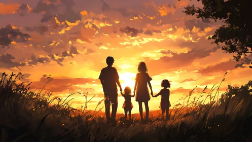 Family silhouettes watching sunset over grassy hillside.