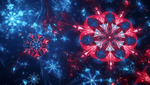 Symmetrical red and blue fractal floral and star patterns.