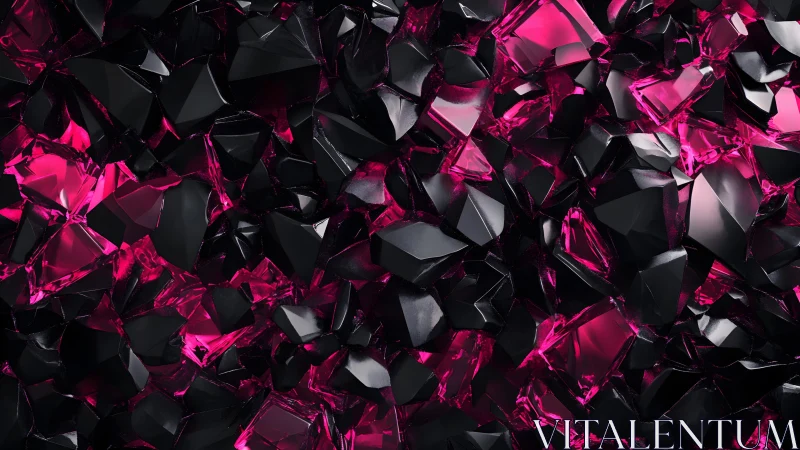 Shattered Black Crystals with Neon Pink Highlights, Abstract Art.