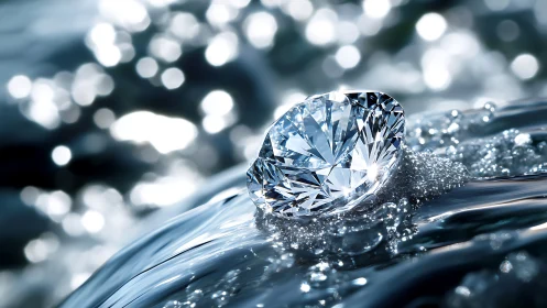 Single cut diamond on reflective icy blue liquid surface.