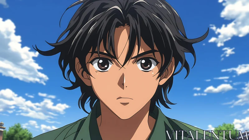 Close-frame anime portrait under high-frequency cloud field.