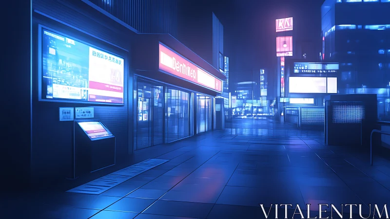 Neon blue cyber city street with luminous billboards at night.