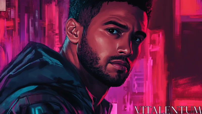 Serious man in neon cyberpunk portrait with pink lights.