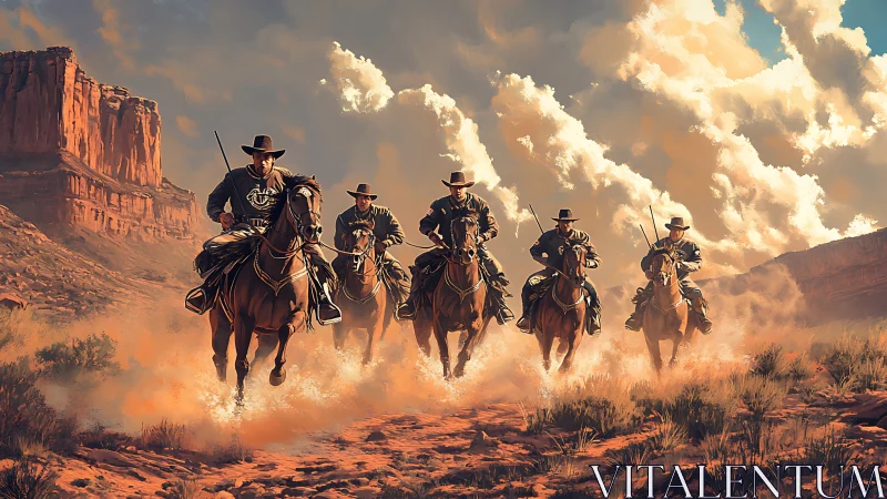 Five bold cowboys ride across a blazing desert trail