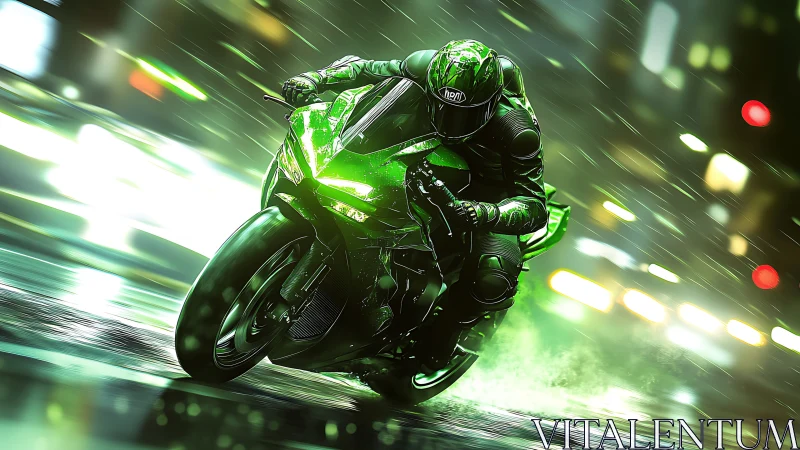 Neon green superbike racing through wet cyberpunk streets.