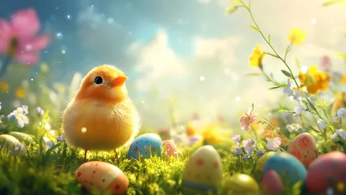 Sunlit chick daydreams amid painted eggs and wildflowers
