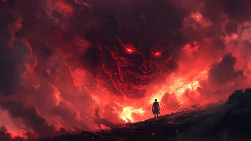 Silhouetted figure before fiery cloud mass with menacing face.