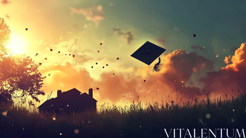 Graduation cap shown in flight over silhouetted rural house
