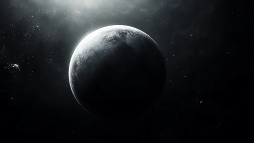 Distant icy planet in shadowed deep space environment.