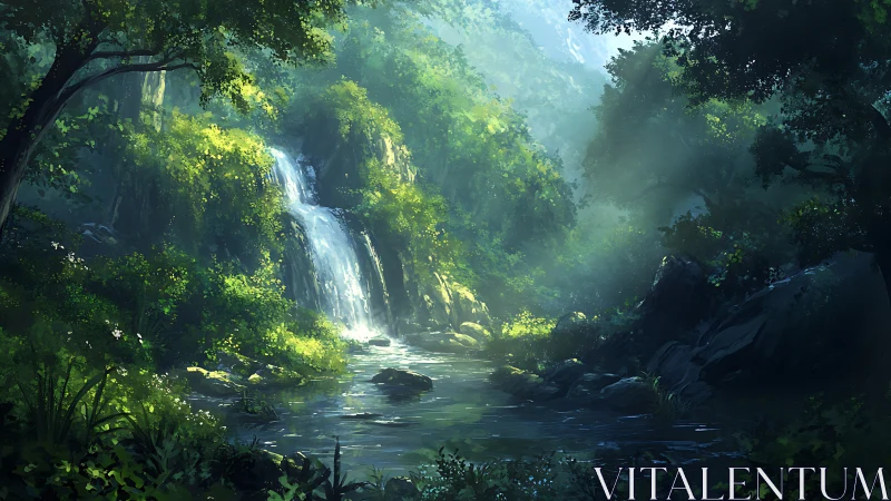 Luminous Waterfall Canyon: Digital Ecosystem Rendering.